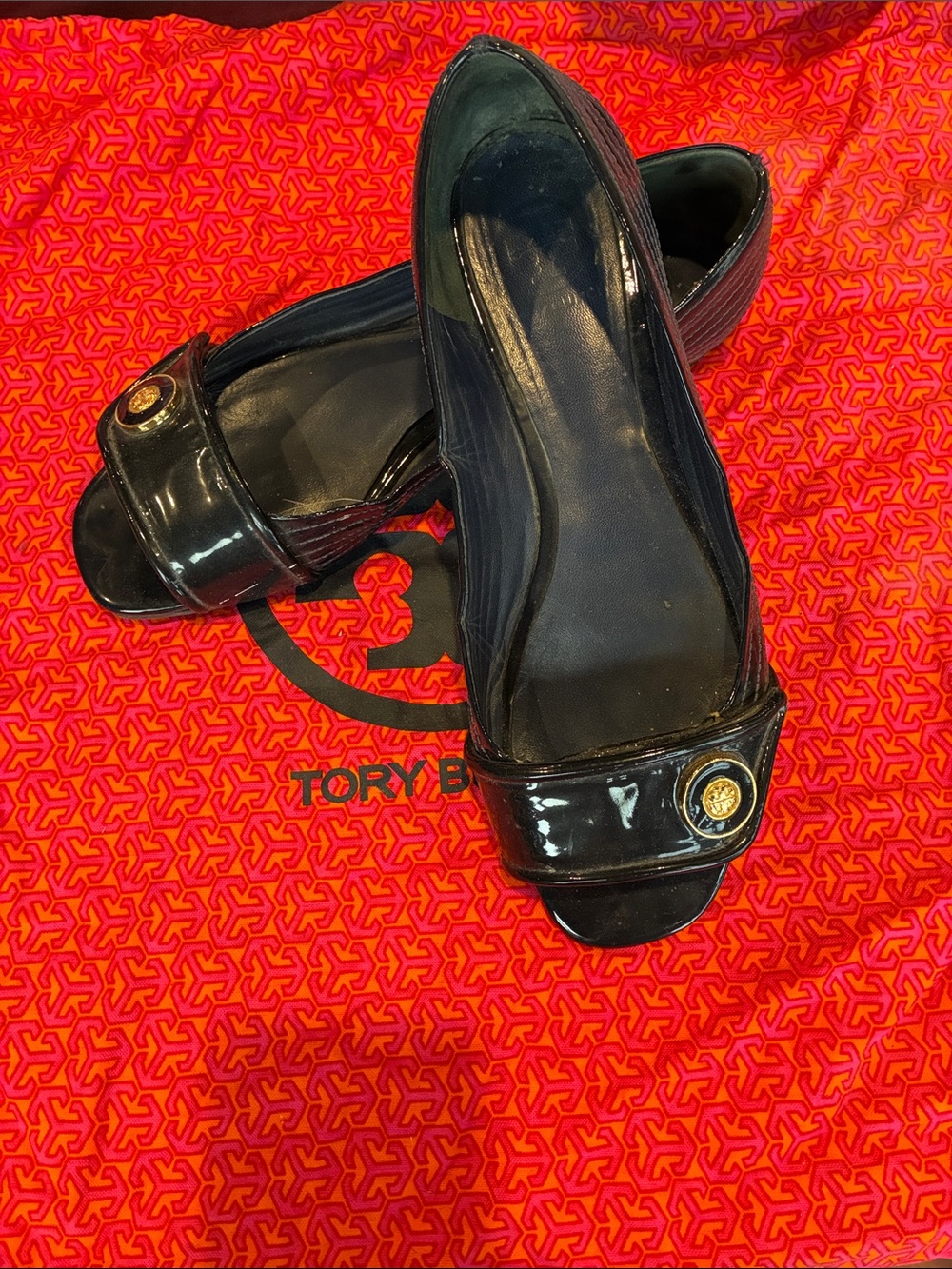 Tory Burch Navy Patent Peep-Toe Flats
